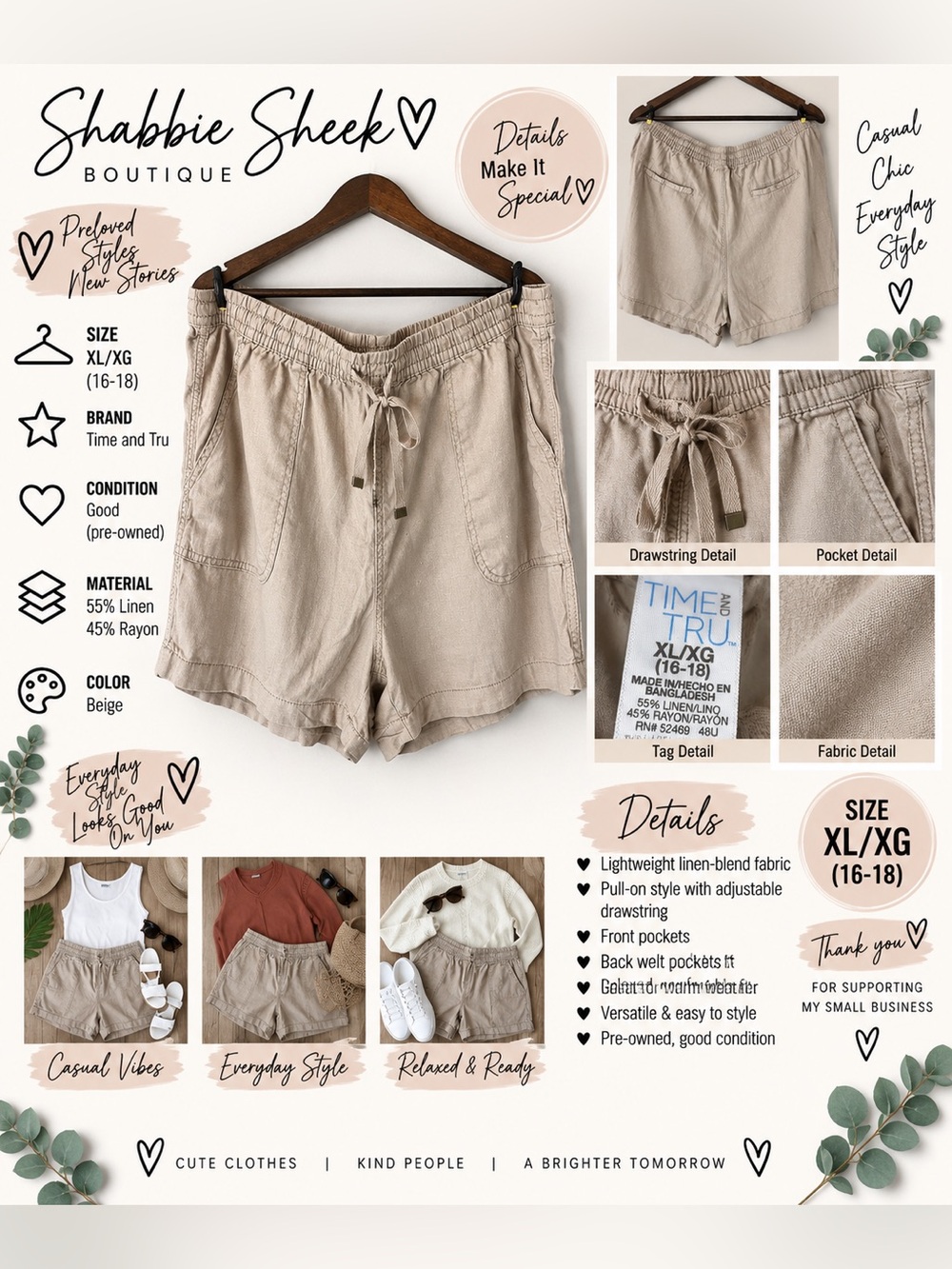 Time and Tru Linen Blend Shorts Women’s XL 16-18 Beige Pull On Drawstring Casual